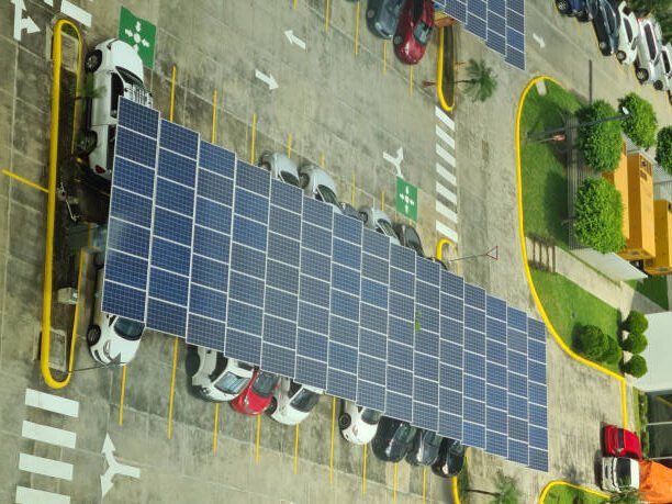 Producing solar energy in city infrastructure aerial view